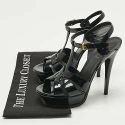 مملوكة مسبقًا Saint Laurent Black Patent Leather Tribute Platform Sandals Size 37
