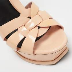 Pre Owned Saint Laurent Beige Patent Leather Tribute Platform Ankle Strap Sandals Size 37