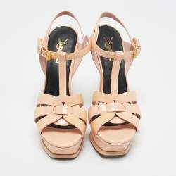 Pre Owned Saint Laurent Beige Patent Leather Tribute Platform Ankle Strap Sandals Size 37