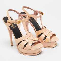 Pre Owned Saint Laurent Beige Patent Leather Tribute Platform Ankle Strap Sandals Size 37