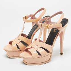 Pre Owned Saint Laurent Beige Patent Leather Tribute Platform Ankle Strap Sandals Size 37