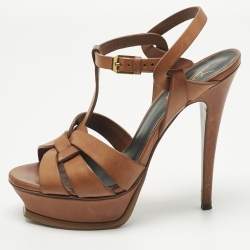 Pre Owned  Saint Laurent Brown Leather Tribute Platform Sandals Size 37