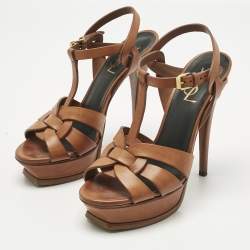 Pre Owned  Saint Laurent Brown Leather Tribute Platform Sandals Size 37