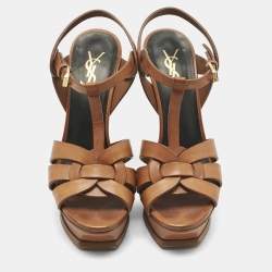 Pre Owned  Saint Laurent Brown Leather Tribute Platform Sandals Size 37