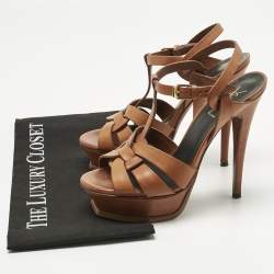 Pre Owned  Saint Laurent Brown Leather Tribute Platform Sandals Size 37