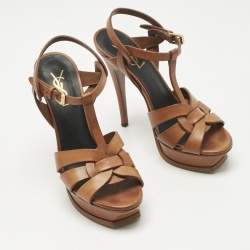 Pre Owned  Saint Laurent Brown Leather Tribute Platform Sandals Size 37