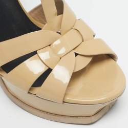 Pre Owned Saint Laurent Beige Patent Leather Tribute Platform Ankle Strap Sandals Size 37
