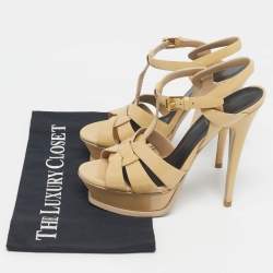 Pre Owned Saint Laurent Beige Patent Leather Tribute Platform Ankle Strap Sandals Size 37