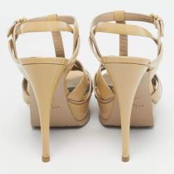 Pre Owned Saint Laurent Beige Patent Leather Tribute Platform Ankle Strap Sandals Size 37