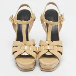 Pre Owned Saint Laurent Beige Patent Leather Tribute Platform Ankle Strap Sandals Size 37