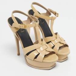 Pre Owned Saint Laurent Beige Patent Leather Tribute Platform Ankle Strap Sandals Size 37