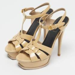 Pre Owned Saint Laurent Beige Patent Leather Tribute Platform Ankle Strap Sandals Size 37