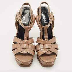 Pre Owned Saint Laurent Brown Lizard Embossed Leather Tribute Platform Sandals Size 37