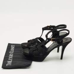 Pre Owned Saint Laurent Black Glitter Suede Tribute Platform Sandals Size 40