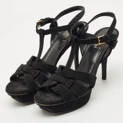 Pre Owned Saint Laurent Black Glitter Suede Tribute Platform Sandals Size 40