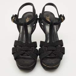 Pre Owned Saint Laurent Black Glitter Suede Tribute Platform Sandals Size 40