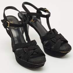 Pre Owned Saint Laurent Black Glitter Suede Tribute Platform Sandals Size 40