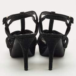 Pre Owned Saint Laurent Black Glitter Suede Tribute Platform Sandals Size 40
