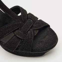 Pre Owned Saint Laurent Black Glitter Suede Tribute Platform Sandals Size 40
