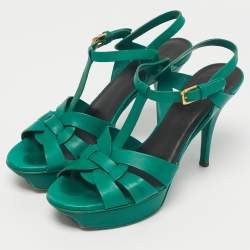 Pre Owned Saint Laurent Green Leather Tribute Platform Sandals Size 39