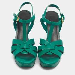 Pre Owned Saint Laurent Green Leather Tribute Platform Sandals Size 39