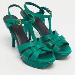 Pre Owned Saint Laurent Green Leather Tribute Platform Sandals Size 39
