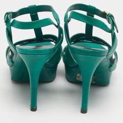 Pre Owned Saint Laurent Green Leather Tribute Platform Sandals Size 39