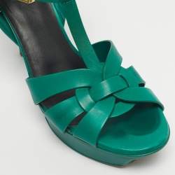 Pre Owned Saint Laurent Green Leather Tribute Platform Sandals Size 39