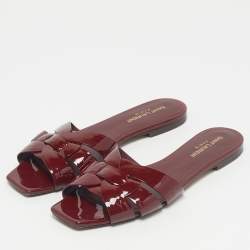 Pre Owned Saint Laurent Burgundy Patent Leather Tribute Flat Slides Size 39