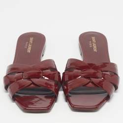Pre Owned Saint Laurent Burgundy Patent Leather Tribute Flat Slides Size 39