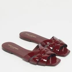 Pre Owned Saint Laurent Burgundy Patent Leather Tribute Flat Slides Size 39