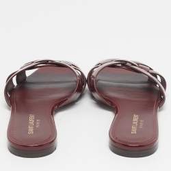 Pre Owned Saint Laurent Burgundy Patent Leather Tribute Flat Slides Size 39