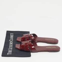 Pre Owned Saint Laurent Burgundy Patent Leather Tribute Flat Slides Size 39