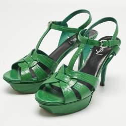 Pre Owned Saint Laurent Green Croc Embossed Leather Tribute Platform Sandals Size 39.5