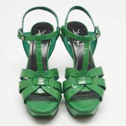 Pre Owned Saint Laurent Green Croc Embossed Leather Tribute Platform Sandals Size 39.5