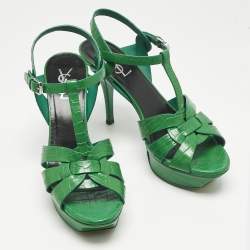 Pre Owned Saint Laurent Green Croc Embossed Leather Tribute Platform Sandals Size 39.5