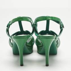 Pre Owned Saint Laurent Green Croc Embossed Leather Tribute Platform Sandals Size 39.5
