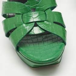 Pre Owned Saint Laurent Green Croc Embossed Leather Tribute Platform Sandals Size 39.5