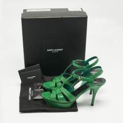 Pre Owned Saint Laurent Green Croc Embossed Leather Tribute Platform Sandals Size 39.5