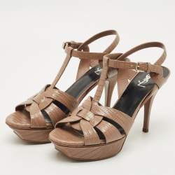 Pre Owned Saint Laurent Paris Brown Lizard Embossed Leather Tribute Platform Sandals Size 39