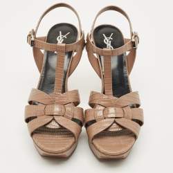 Pre Owned Saint Laurent Paris Brown Lizard Embossed Leather Tribute Platform Sandals Size 39