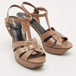 Pre Owned Saint Laurent Paris Brown Lizard Embossed Leather Tribute Platform Sandals Size 39