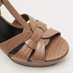 Pre Owned Saint Laurent Paris Brown Lizard Embossed Leather Tribute Platform Sandals Size 39