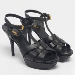 Pre Owned Saint Laurent Black Leather Tribute Sandals Size 38