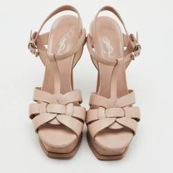 Pre Owned Saint Laurent Pink Leather Tribute Platform Ankle Strap Sandals Size 37