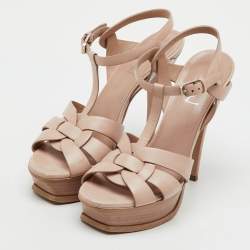 Pre Owned Saint Laurent Pink Leather Tribute Platform Ankle Strap Sandals Size 37