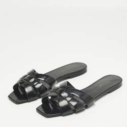 Pre Owned Saint Laurent Black Patent Leather Tribute Flat Slides Size 39