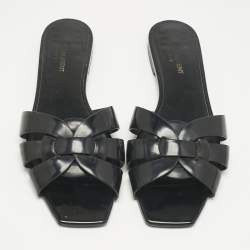 Pre Owned Saint Laurent Black Patent Leather Tribute Flat Slides Size 39