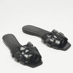 Pre Owned Saint Laurent Black Patent Leather Tribute Flat Slides Size 39