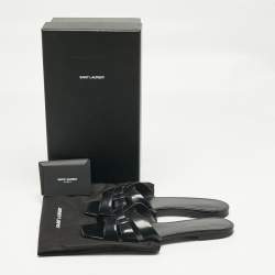 Pre Owned Saint Laurent Black Patent Leather Tribute Flat Slides Size 39